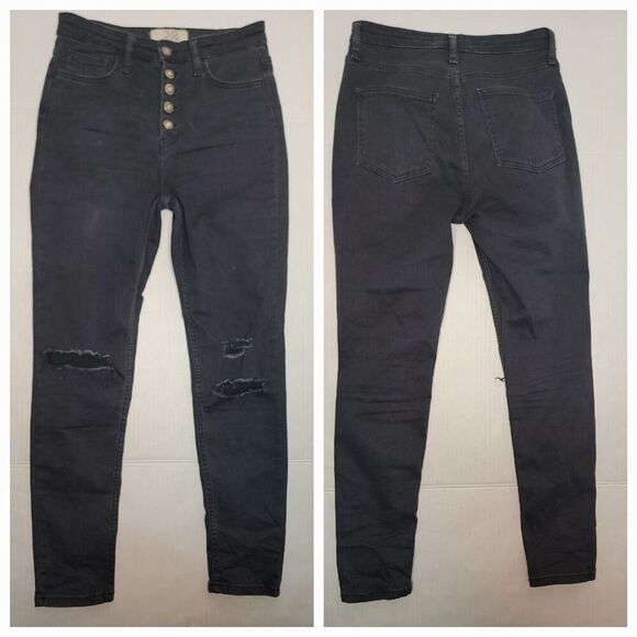 Free People Skinny Jeans 28 High Rise Stretch Exposed Button Flay Charcoal Gray - Picture 1 of 11